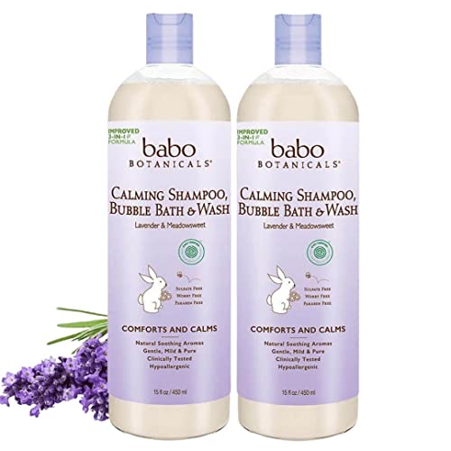 Babo Botanicals Calming Plant-Based 3-in-1 Bubble Bath, Shampoo & Wash – with Lavender & Organic Meadowsweet – For Babies, Kids & Adults with Sensitive Skin – EWG Verified – 15 fl. oz. – 2-Pack
