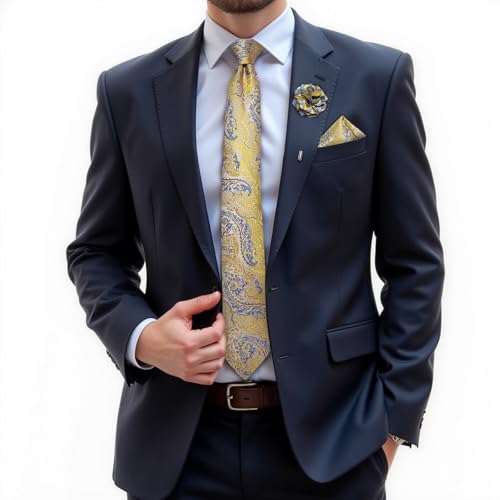 Image of DiBanGu Silk Ties for Men Necktie and Lapel Pin Brooch Set Formal Woven Paisley Plaid Striped Solid Tie Wedding Party
