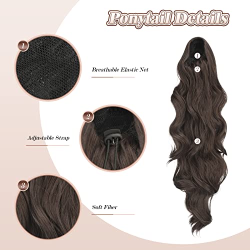 FESHFEN Long Ponytail Extension Curly Wavy Clip in Synthetic Hairpieces Drawstring Ponytail Pony Tail Hairpiece Hair Pony Extension for Women Girls 24 inch Medium Chestnut Brown - Image 3