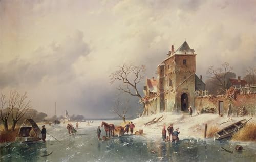 Peinture huile scène d'hiver Leickert pour remplacer un mur blanc vide 60x90