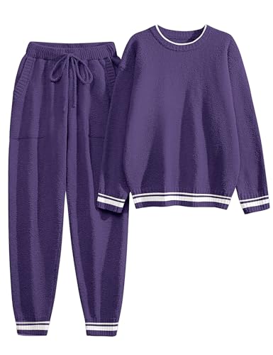 Yuson Girl Pijama Mujer Invierno Forro Polar 2 Piezas Manga Larga Pjs con Pantalones Conjunto Cálido y Suave Pijama con Bolsillos Ropa de Dormir y Lounge(Morado, XL)