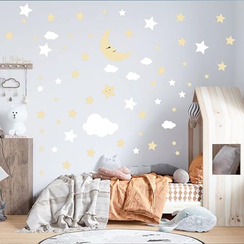 Image of Watercolour Crescent Moon, Stars and Clouds - Moon and Stars Nursery Wall Stickers, Kids Wall Decals