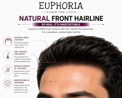 Image of EUPHORIA 2 layer Original Australian Hair Patch | 0.03 mm Ultra Thin Poly for Natural Front Hairline | 100% Remy Human Hair Toupee | Non-Surgical Hair Replacement System | Use with Tape, Glue or Clips | (Black, 8x5)