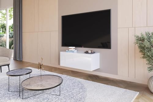 HAJDUK FURNITURE Wohnwand Weiß Full Hochglanz TV Lowboard 90 cm Hängeschrank TV Board Hängend Schrank Fernsehschrank TV Bank Wohnzimmer Möbel Modern Wandschrank