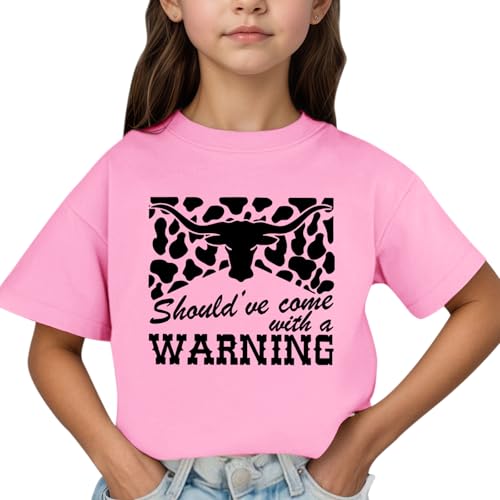 KIEKIECOO Girls Western Shirt Kids Cowgirl Country Concert Tees Cow Graphic Rodeo Outfits Toddler Girl Summer Cotton Tops(Pink,100)