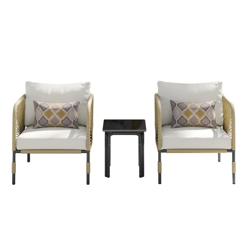 Image of OUTLIVING Garden Patio Seating 2 Chairs and 1 Coffee Table Set with Cushion | Braid and Rope Outdoor Metal Furniture Set for Balcony, Garden, Outdoor (White-Beige)