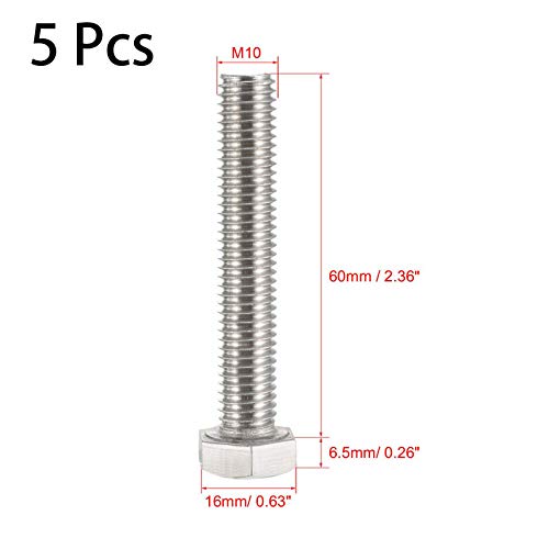 Image of 5 Pcs M10 Hex Bolt M10-1.5 x 60mm UNC Hex Head Screw Bolts A2-70(304) Stainless Steel Fully Threaded Hex Tap Bolts，Plain Finish，Fully Threaded (M10 x 60mm)