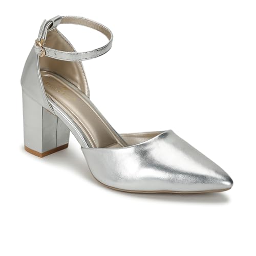 Image of Marc Loire Women's Pointed Toe Block Heel Pumps | Office & Party Shoes with Ankle Loop & Buckle Strap | Formal Footwear