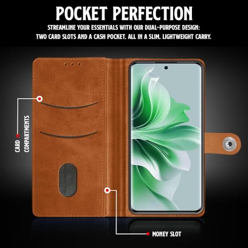Image of WOW IMAGINE Shock Proof Flip Cover Back Case for Oppo Reno 11 Pro 5G (Magnetic Button Flip Case | Wallet Pockets & Stand | Leather Finish | Alder Brown)