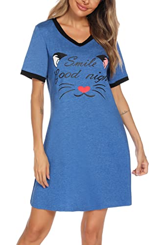 Enjyam Chemises de Nuit Courtes Coton Femme T Shirt de Nuit Manches Courtes Robe de Nuit Courtes...
