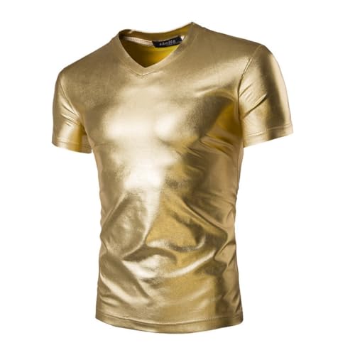 Metallische T-Shirts für Herren, kurze Ärmel, glänzende Tunika-Oberteile...