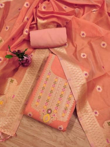 Image of Chanderi Suit Vol 5 | Pure Chanderi Banarasi Silk (3m) | Soft Cotton Bottom (2.5m) | Woven Chanderi Banarasi Silk Dupatta (2.3m) with Tassels, Unstitched Material, Fits up to 60 inch, Length 48