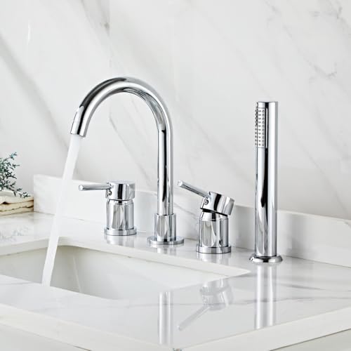 Mitigeur de salle de bain 4 trous avec douchette et bec col de cygne orientable noir