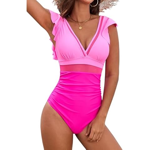 ALLureLove Women's One Piece Swimsuits Tummy Control Slimming Ruffle Bathing Suit V Neck Swimwear(Pink-1,Large) Cover
