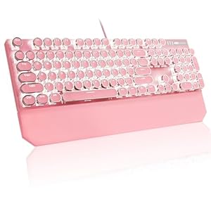 MageGee Typewriter Mechanical Gaming Keyboard, Retro Pink Punk Round Keycaps LED White Backlit Wired Keyboards with Detachable Wrist Rest for Game and Office, for Windows Laptop PC Mac – Blue Switches
