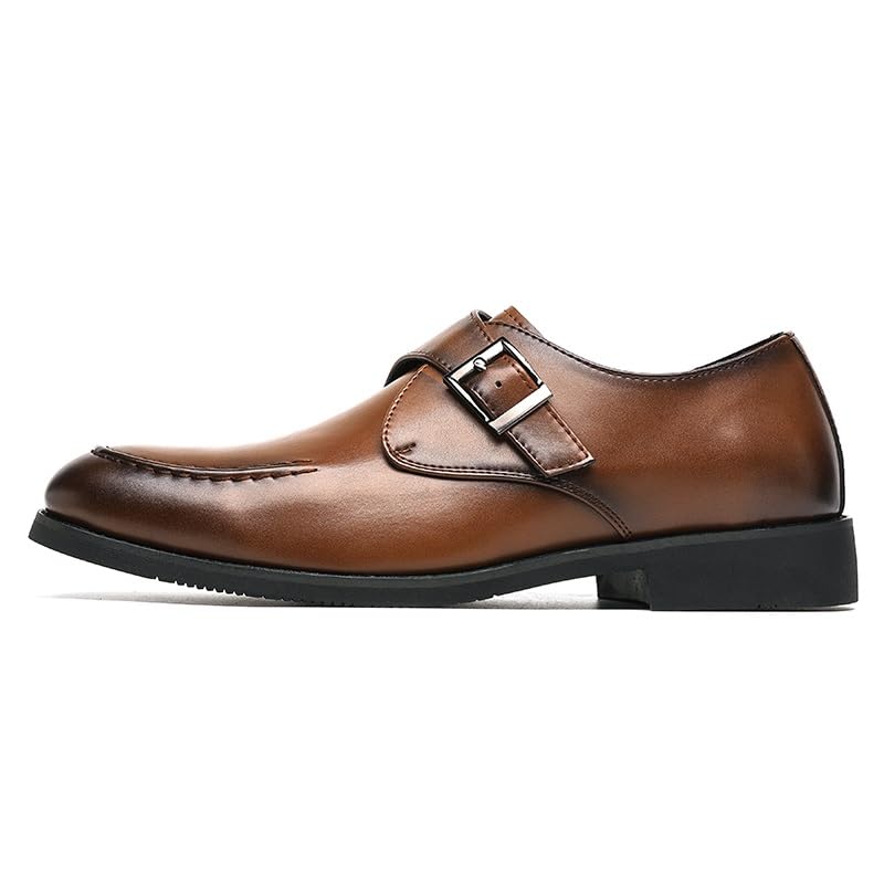 HOOENG Formal Shoes for Men Slip On Round Toe PU Leather Monk Strap Apron Toe Resistant Non Slip Rubber Sole Walking(Color:Brown,Size:8.5)2