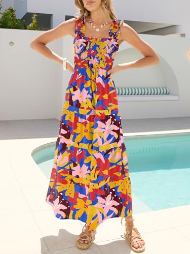 Image of Caracilia Womens Summer Maxi Dresses Floral Smocked Sleeveless Ruffle Boho Casual Flowy Aline Beach Vacation Long Sundress