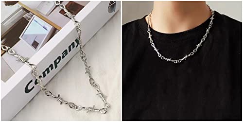 White Gold Thorns Chain Link Necklace for Men, 20inches Unisex Gothic Punk Hip hops Necklace, Metal Barbed Wire Personality Necklace Disco Jewelry4