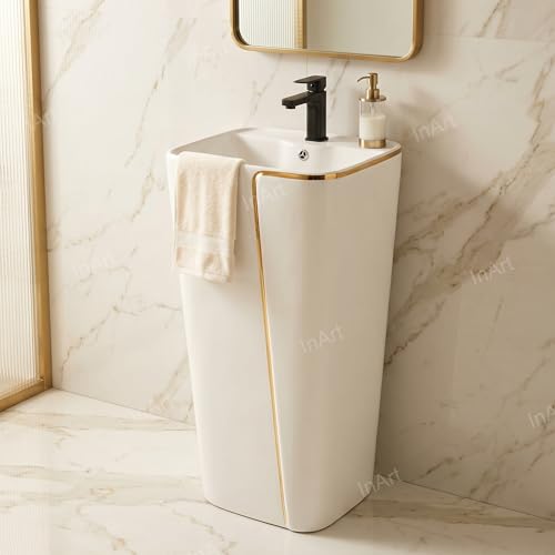 Image of InArt One Piece Ceramic Pedestal Free Standing Round Wash Basin for Living Room and Bathroom (17 x 14 x 34 Inch, White Gold Glossy)