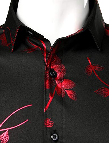ZEROYAA Mens Hipster 3D Golden Rose Floral Printed Slim Fit Long Sleeve Button Down Dress Shirts3