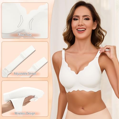 Lonya Bras for Women Push Up Seamless Support Wireless Full Coverage Wave Edge Non Wired Comfort Soft T-Shirt Bra White,M - Image 3