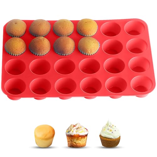 Anwangda 24 Cavity Mini Muffin Trays, Food-Grade Silicone Non-Stick Muffin Cupcake Molds, Multifunctional Durable Kitchen Baking Pan Mould for Cakes, Puddings, Chocolates, Tarts(Red)