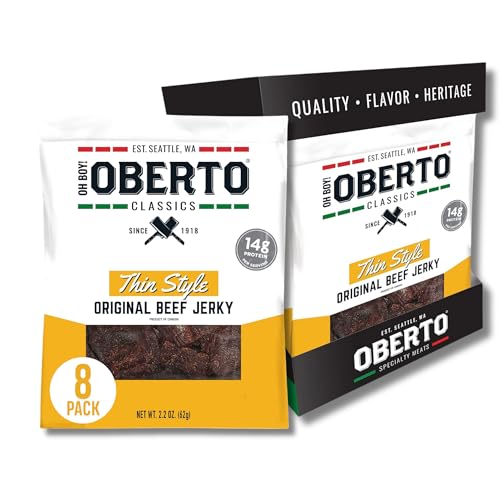 Image of Oberto Classics Thin Style Beef Jerky, Original Flavor, No Artificial Ingredients, High Protein, Gluten Free, Wood Smoked, Premium Steak Beef Jerky High Protein Snacks, 2.2 Ounce (Pack of 8)