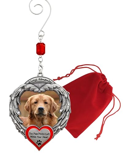 Pet Memorial Photo Christmas Ornament - Always Remember The Paw Prints I Left Within Your Heart - Angel Wings - Pet Sympathy Gift - Storage Bag Included - Measures 4' H x 3' W
