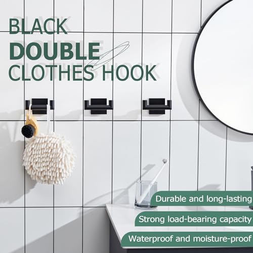Image of KOKOSIRI Robe Hook Bathroom Double Towel Coat Hooks Matte Black for Bath Kitchen Wall Mounted, 3 Pack Stainless Steel B1015BK-P3