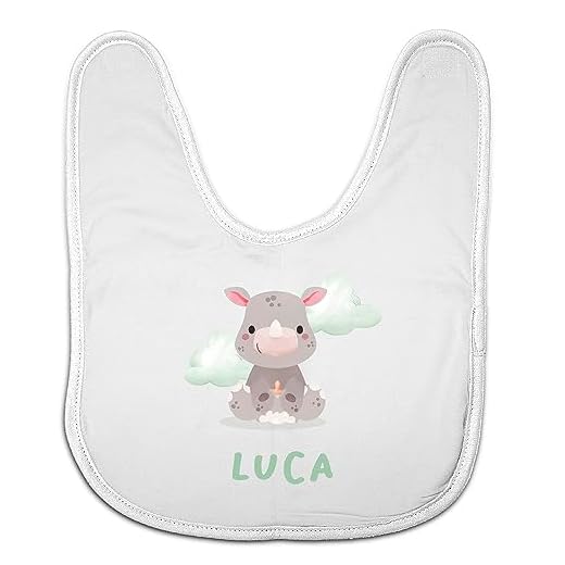 LolaPix Baberos bebé recién nacido. Babero personalizado con nombre. Baberos originales. Babero infantil cierre velcro. Regalos personalizados. Regalo original. Rino nubes