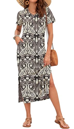 MISFAY Women Summer Midi Dresses Casual Loose Short Sleeve Dress Split Maxi Beach Sundress Travel Vacation Dress with Pockets