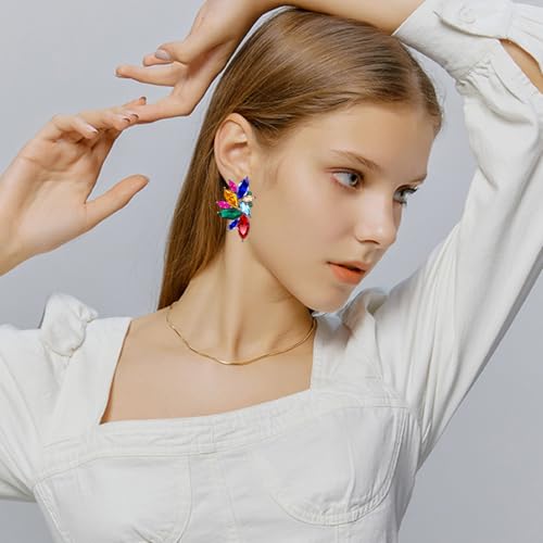 Bohemian Statement Sparkly Colourful Fancy Rhinestone Crystal Flower Dangle Drop Stud Earrings Vintage Wedding Bridal Prom Earrings for Women2