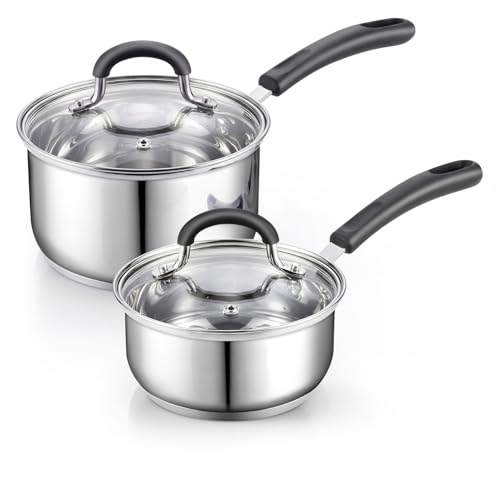 Cook N Home Professional 1 Quart and 2 Quart Stainless Steel Saucepan Set with Lids, Small Kitchen Induction Cooking Sauce Pot Pan, Stay-Cool Silicone Handle, Dishwasher Safe