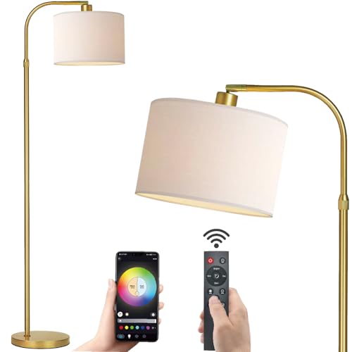 FINNCHY Gold Floor Lamp with Remote Control, 1200 Lumens Adjustable Height Dimmable Arc Floor Lamp...