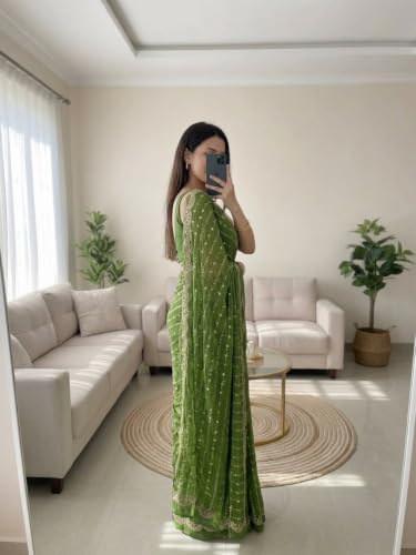 Image of RADHA Women's Embroidery Work Saree with Designer Border for Festive and Traditional Ethnic Drape Saree with Detailed Thread Style Pattern and Elegant Occasion Look