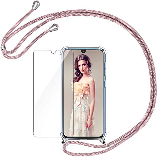 AROYI Funda con Cuerda Compatible con Samsung Galaxy A40 y Protector Pantalla, Carcasa Transparente TPU Silicona Case con Colgante Ajustable Cordón Compatible con Samsung Galaxy A40, Oro Rosa