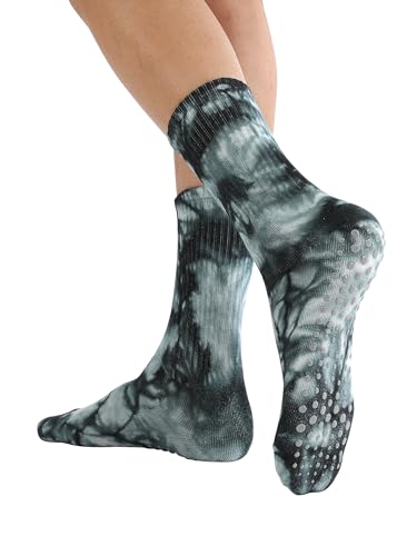 Image of Womens Pilates Yoga Toe Socks with Grips Non Slip Cushioned Crew Socks Mid Calf for Barre Ballet, 6-11, Tie Dye-15