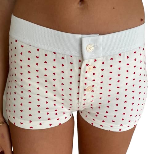 Seyumixi Women Cute Heart Print Boyshorts Underwear Button Elastic Low Rise Pajama Shorts Sexy Booty...