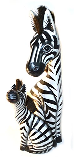 WorldBazzar Hand Carved Wooden Set 2 African Mother Baby Zebra Statue