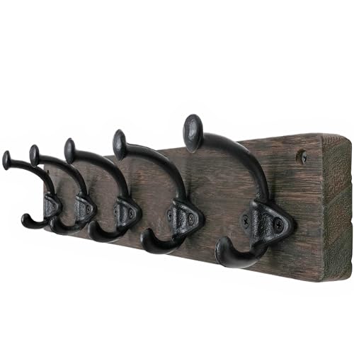 WEBI Rustic Coat Rack Wall Mount 5 Cast Iron Coat Hooks Wall Mounted Heavy Duty Farmhouse Wood Coat Hanger Wall Antique Vintage Hooks for Hanging Jacket Clothes Backpack Weathered Brown