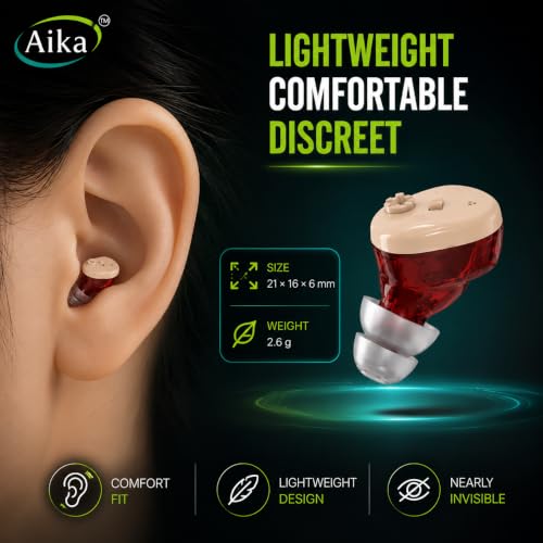 Image of Aika Rechargeable Digital Hearing Aid for Adults & Seniors | Invisible Mini CIC Hearing Amplifier | Noise Reduction | Magnetic Charging Case | 42 Hours Battery Backup | Volume Control | Comfortable In-Ear Design (1 Year Warranty)