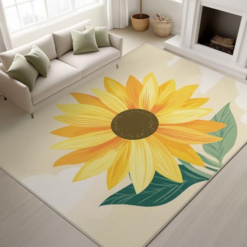 Genérico Alfombra Salon Habitacion 60 x 90 cm, Alfombras Lavable Lavadora Antideslizante, Floral Girasoles Carpet Tapetes Comedor Modernas Pelo Corto, Verdoso Amarillento