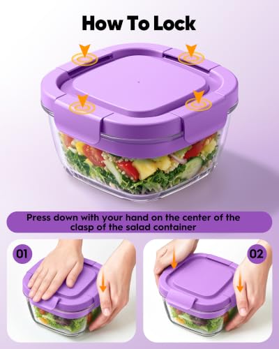 Image of Glass Salad Container,56oz Salad Bowl To Go for Lunch with Airtight Lid,Leak-Proof Sauce Container,4-Compartment Bento Tray & Reusable Fork - BPA-Free Glass Lunch Box for Meal Prep,Office(Purple)