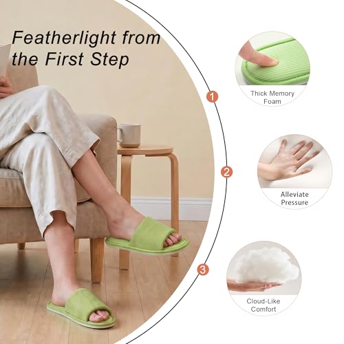 Image of Women's Open Toe House Slippers - Breathable Waffle Fabric, Memory Foam Cushioning, Slip-On Summer Indoor Slippers, Non-Slip TPR Sole, Easy Care
