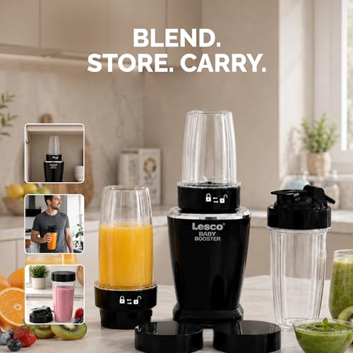 Image of Lesco Baby Booster Pro 550W Mixer Grinder & Nutri Blender | 22000 RPM High Speed Smoothie Maker | 1 Jar & 2 Blade | Juicer Mixer for Shakes, Chutney & Dry Grinding | Compact Kitchen Appliance, Black