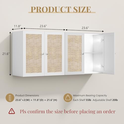 Image of Laundry Room Cabinets with Lights, 24INCH Bathroom Cabinets Wall Mounted with Adjustable Shelves, Rattan Wall Cabinet for Bedroom, Kitchen, Bathroom (2PCS, White)