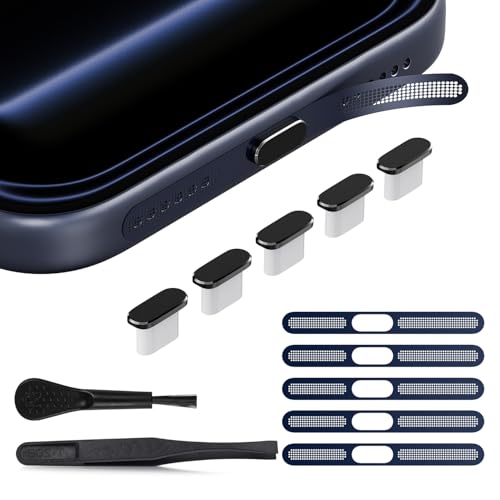 USB C Dust Plug for iPhone 17 Pro Max/ 17 Pro, 5PCS iPhone Speaker Protector & Type C Charging Port Cover Cap for iPhone 17 Pro Max, Earpiece Speaker Mesh Adhesive Stickers with Tweezer, Deep Blue