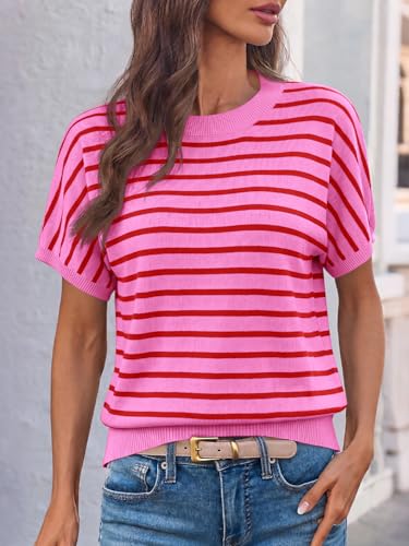 Image of Saodimallsu Women's Short Sleeve Crew Neck Knit Pullover Sweater | Casual Basic, Crew Neck, Loose Knit Pullover, Summer Lightweight