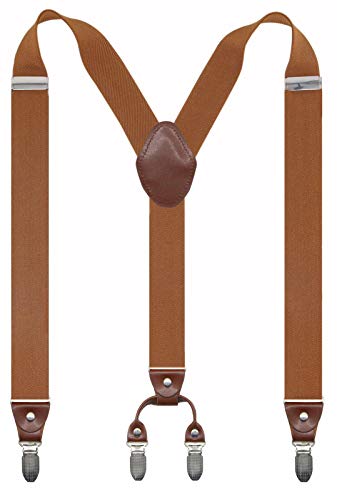 Doloise Mens Suspender Y Back Style with 4 Quality Controlled Clips 1.4 Inch Wide Braces & Heavy Duty, Camel, One size
