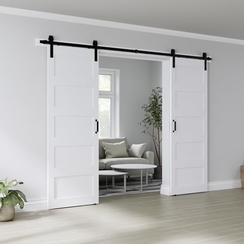 COSHOMER Double 32' x 84' White Barn Door with 11FT Sliding Door Hardware Kit Included, 5-Panel,...